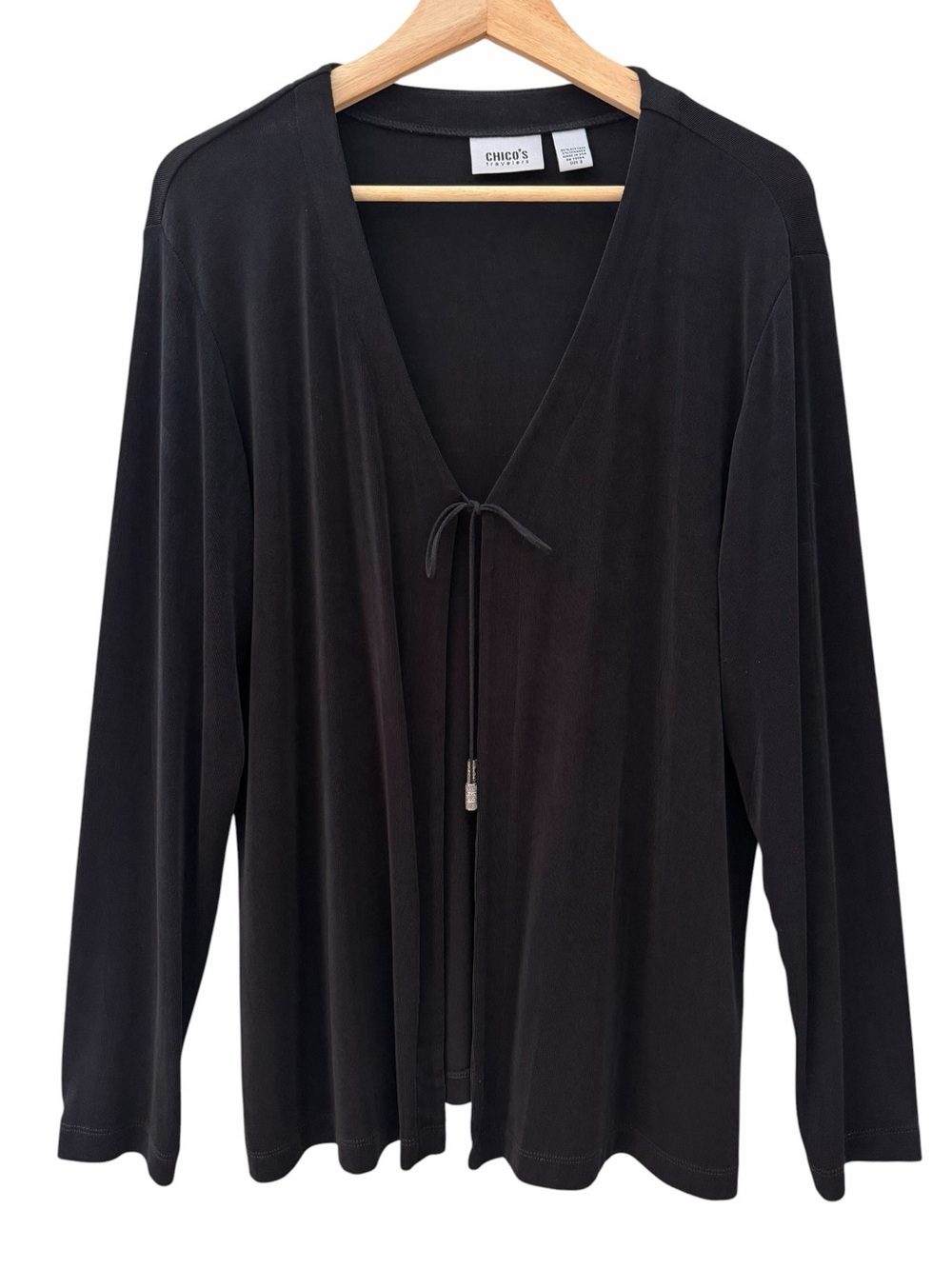 Chico's Travelers Black Ribbed Long Slv Cardigan Womens Sz XL Tie Front Slinky